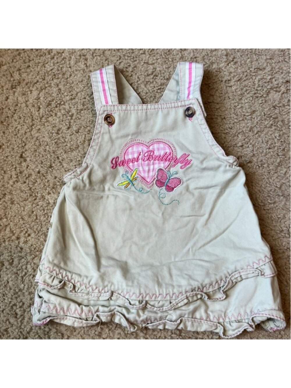 Vintage Mon Petit 12m Baby Girl Sweet Butterfly Khaki Overall Dress Overalls Tan